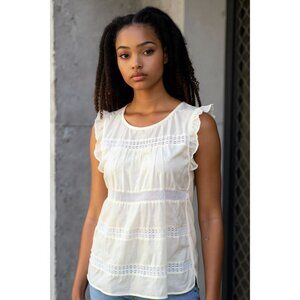 NEW LOFT Womens M Blouse Silk White Lace Trim Embroidered Flutter Sleeve Top